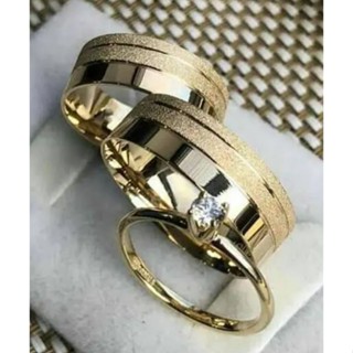 Par de aliança casamento com duplo friso diamantada e lisa + Anel solitário COD-202 em Oferta na Shopee