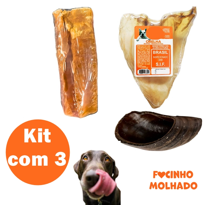 Kit com 3 Mordedores Naturais Sortidos para Cães Casco, Chifre ou Orelha Bovina Comestíveis Variedade