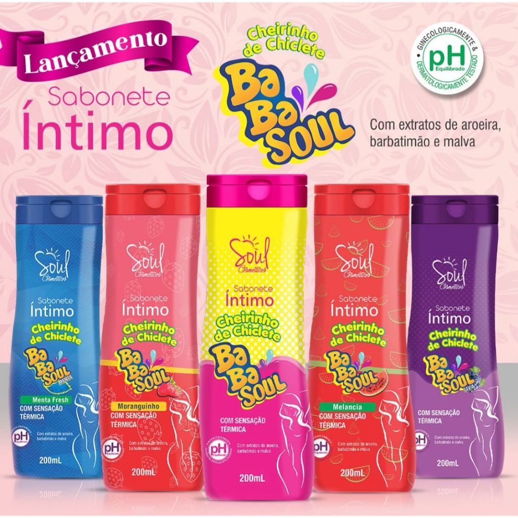 Kit com 4 Sabonete Íntimo Feminino Cheirinho de Chiclete Babasoul Soul Cosméticos 200ml em Oferta na Shopee