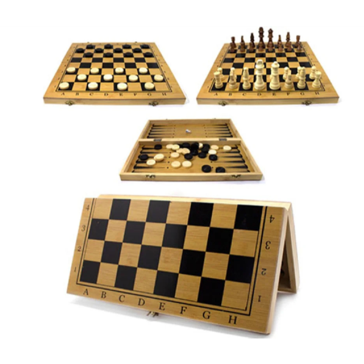 Tabuleiro de Xadrez Dama e gamão Tabuleiro de madeira e peças em plástico 24/29/34cm 3 em 1