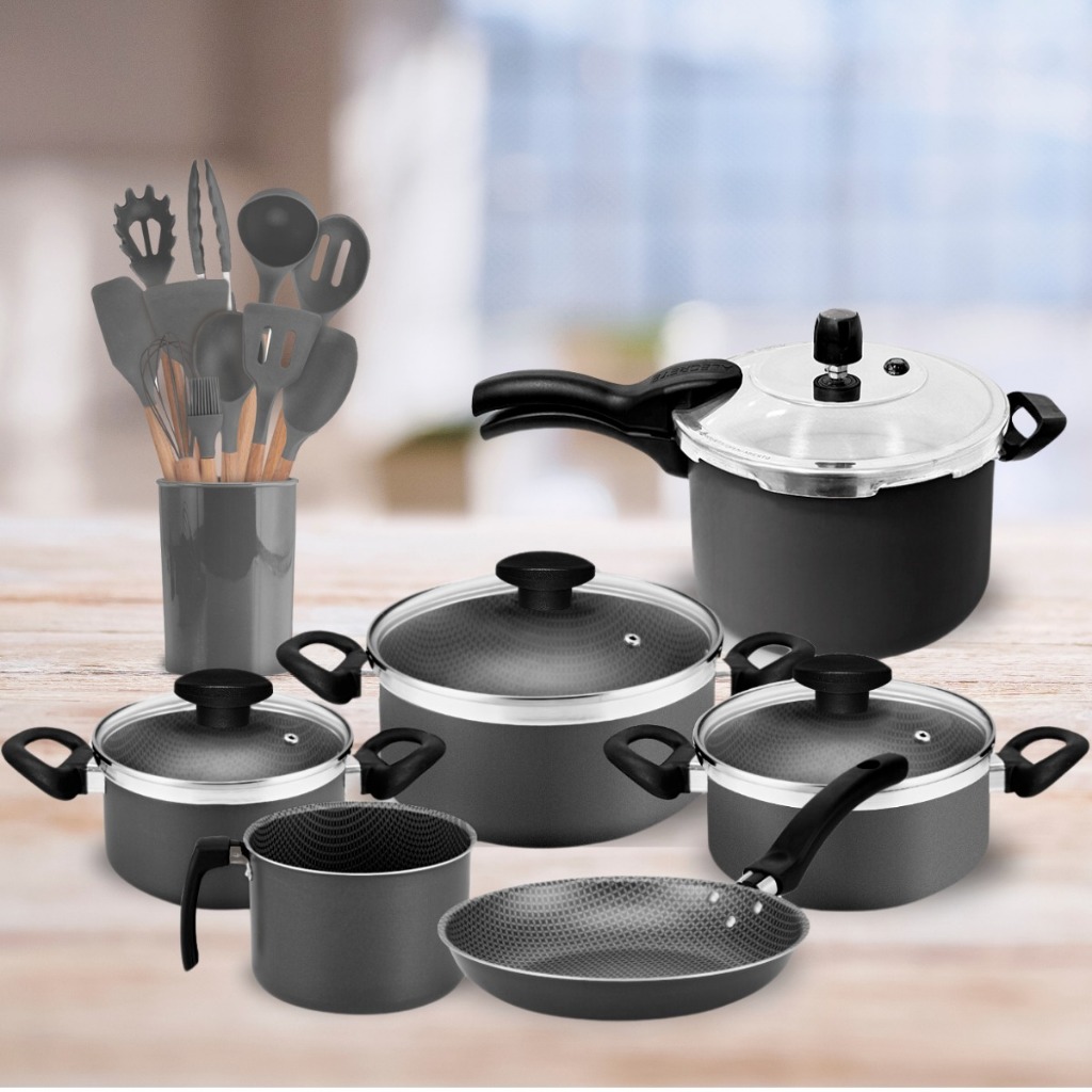 Conjunto De Panelas + Panela Pressão Externa 4,5L Antiaderentes + Kit Utensílios de Silicone