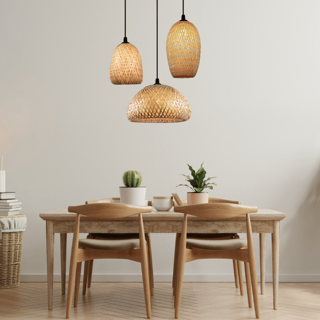 Luminarias Pendentes Teto Composição de Lustres Natural Artesanal de Bambu Premium 03 unid...