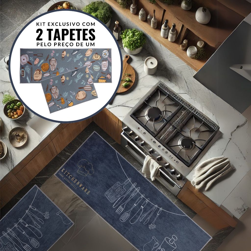 Kit Jogo Tapete De Cozinha Passadeira 2 Peças Antiderrapante Gourmet Estampado Café Corttex