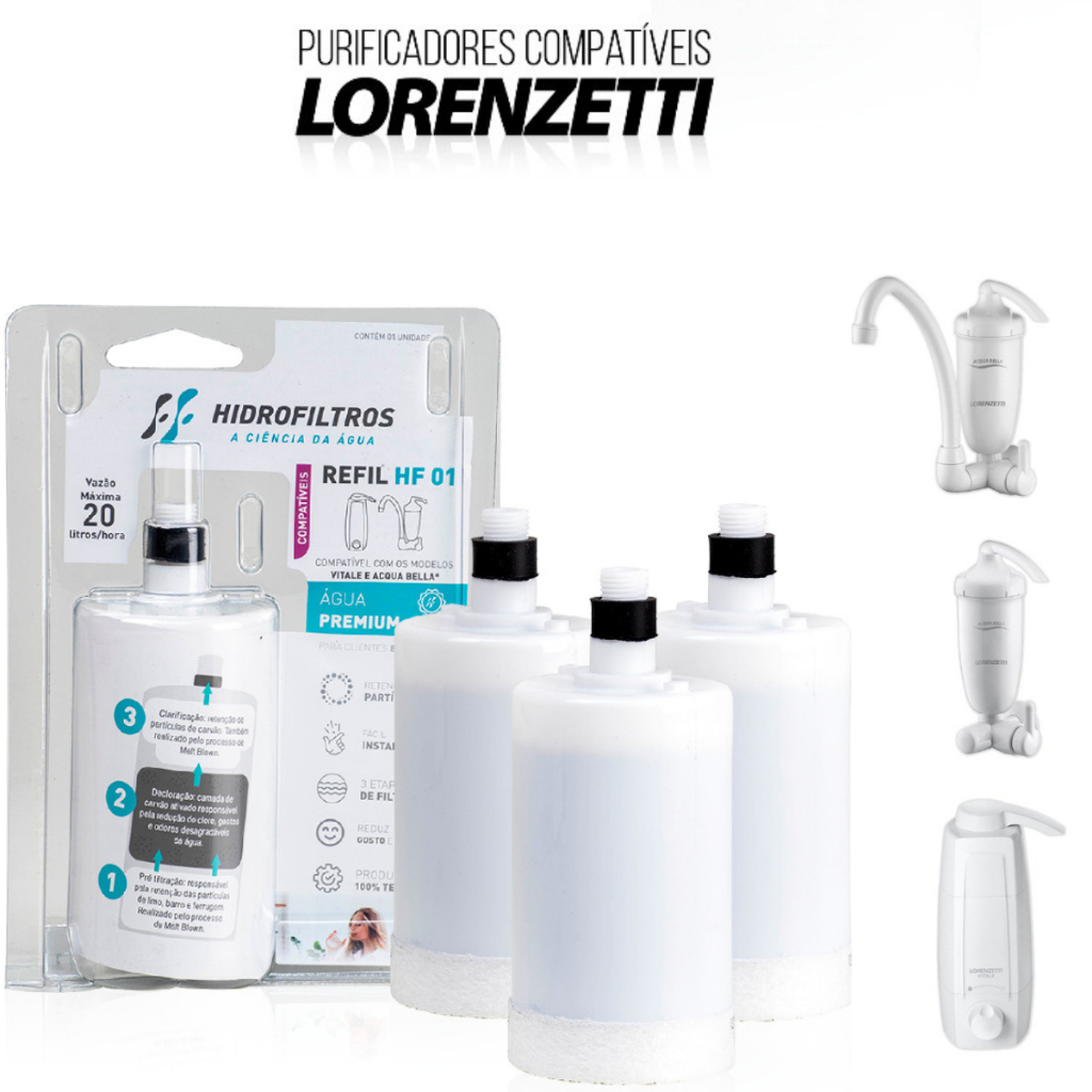 Kit 1, 2 ou 3 Refil Filtro Acqua Bella e Vitale Compatível Lorenzetti Carvão Ativado S/ Odores hf-01