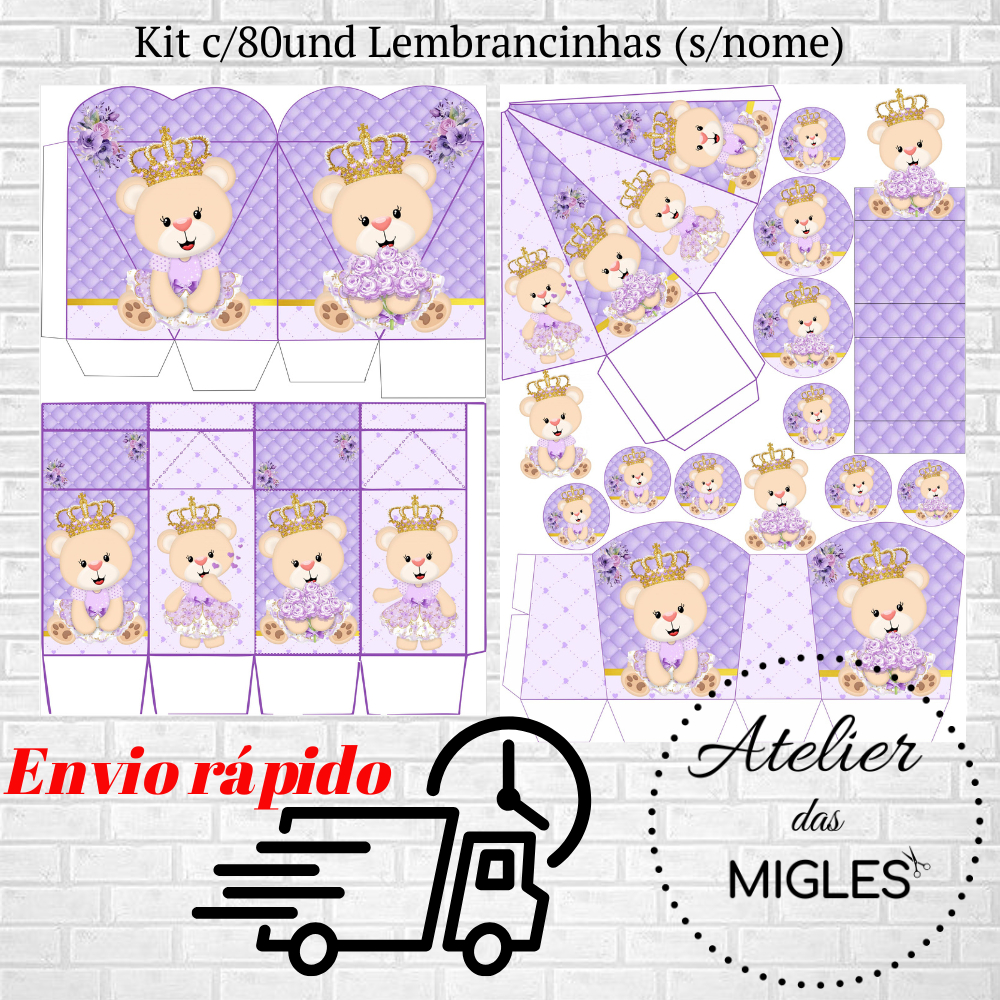 Kit c/80und lembrancinhas TEMA URSA PRINCESA LILÁS (sem nome) - Envio rápido!!! em Oferta na Shopee