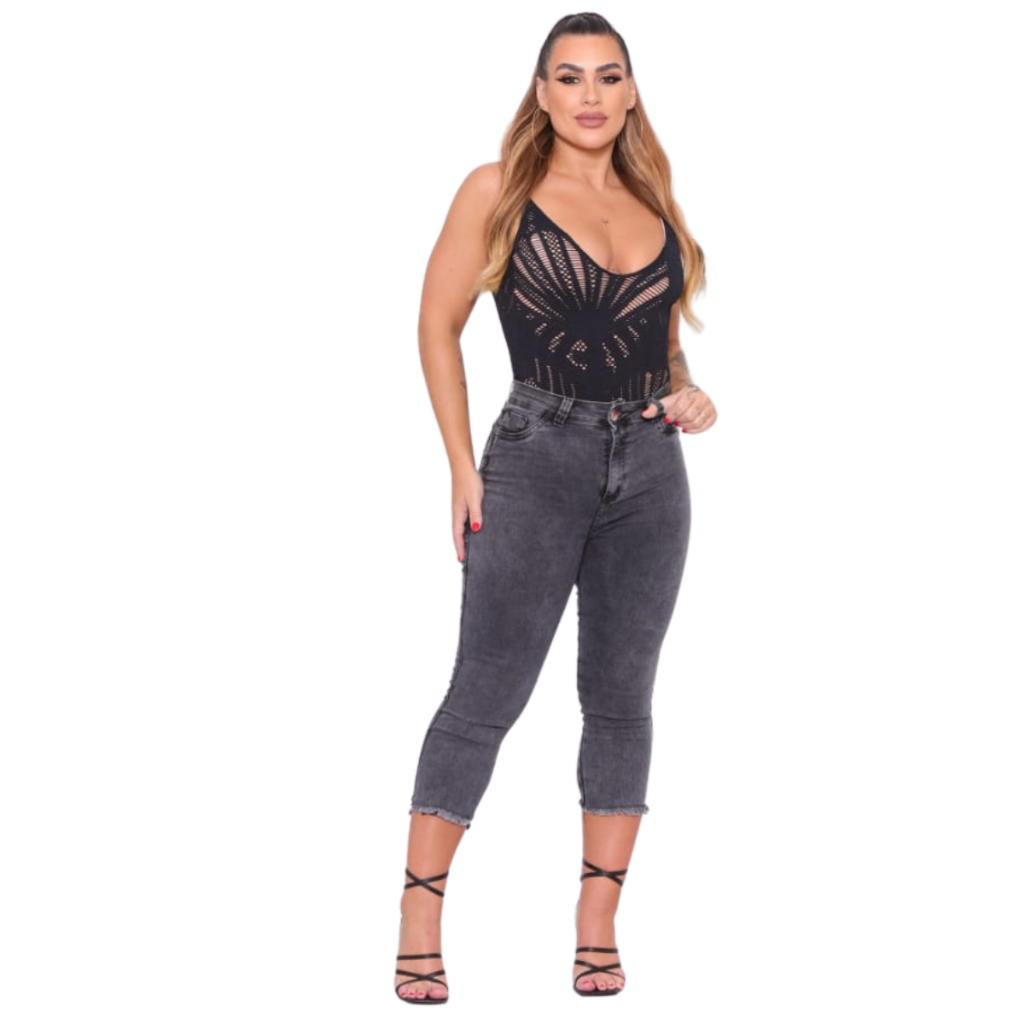 Calça Corsario Feminina Jeans Preto Grafite Com Lycra — imagem 2 de 2