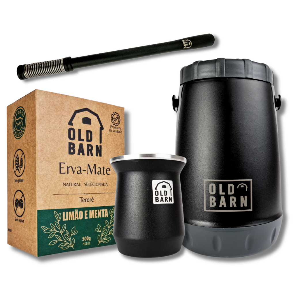 Kit Tereré Old Barn Completo Preto Garrafa 2,5L Cuia De Alumínio 300ml Bomba De Inox Mola Externa Erva 500g