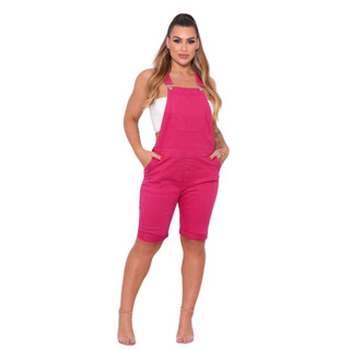 Macacão Jardineira Alleppo Jeans Feminino Curto Rosa Chiclete