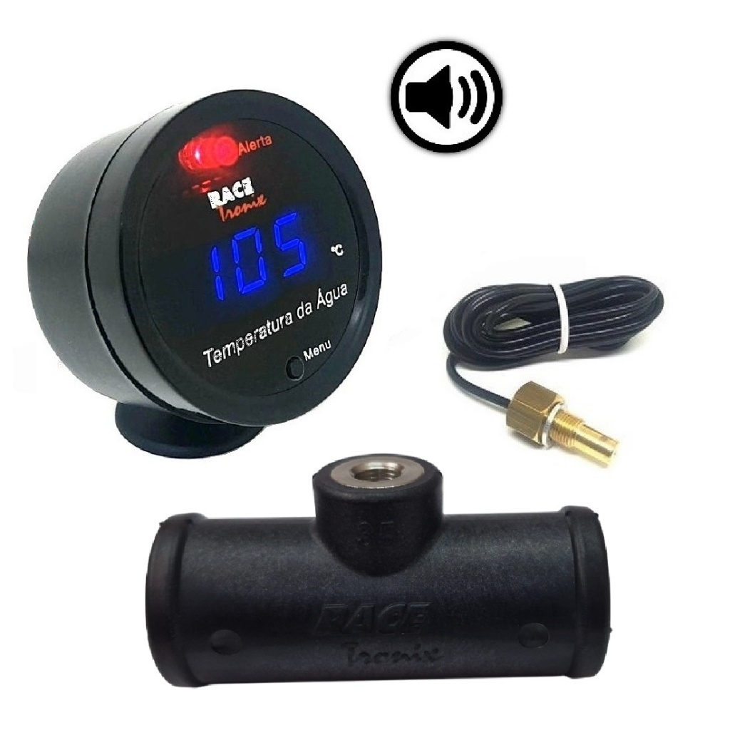 Medidor Temperatura Da Água Digital Azul C/ Sensor Copo Sirene e Adaptador Mangueira 34,9mm Radiador