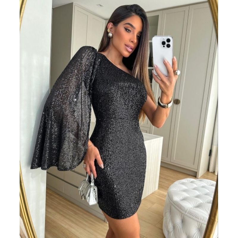 Vestido Curto Paetê Manga Bridget Tubinho Festa Feminino Curto Manga Aberta Tendencia Gringa Balada Brilhoso Luxo Paetê em Oferta na Shopee