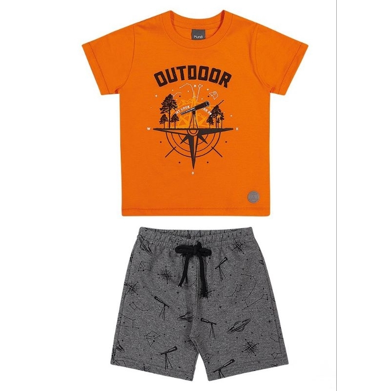 Conjunto Infantil Menino Laranja Brandili Mundi Camiseta Estampa Radical E Bermuda Conforto Roupa Criança Estilo