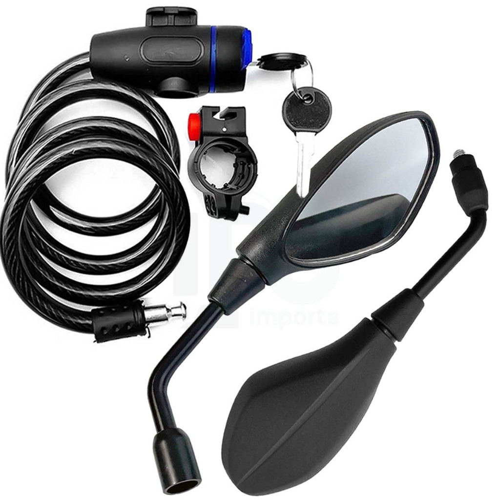 Retrovisor Para Moto Universal Haster Fixa Longa Espelho F800 + Trava Cabo De Aço Cadeado Bike Moto
