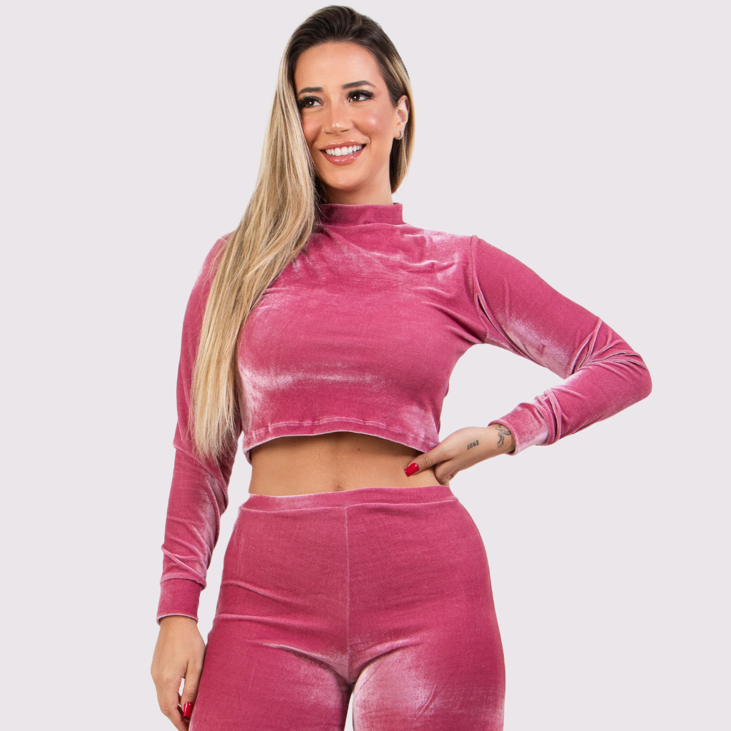 Blusa Manga Longa Cropped Veludo Molhado Casual Inverno Akira Fitness