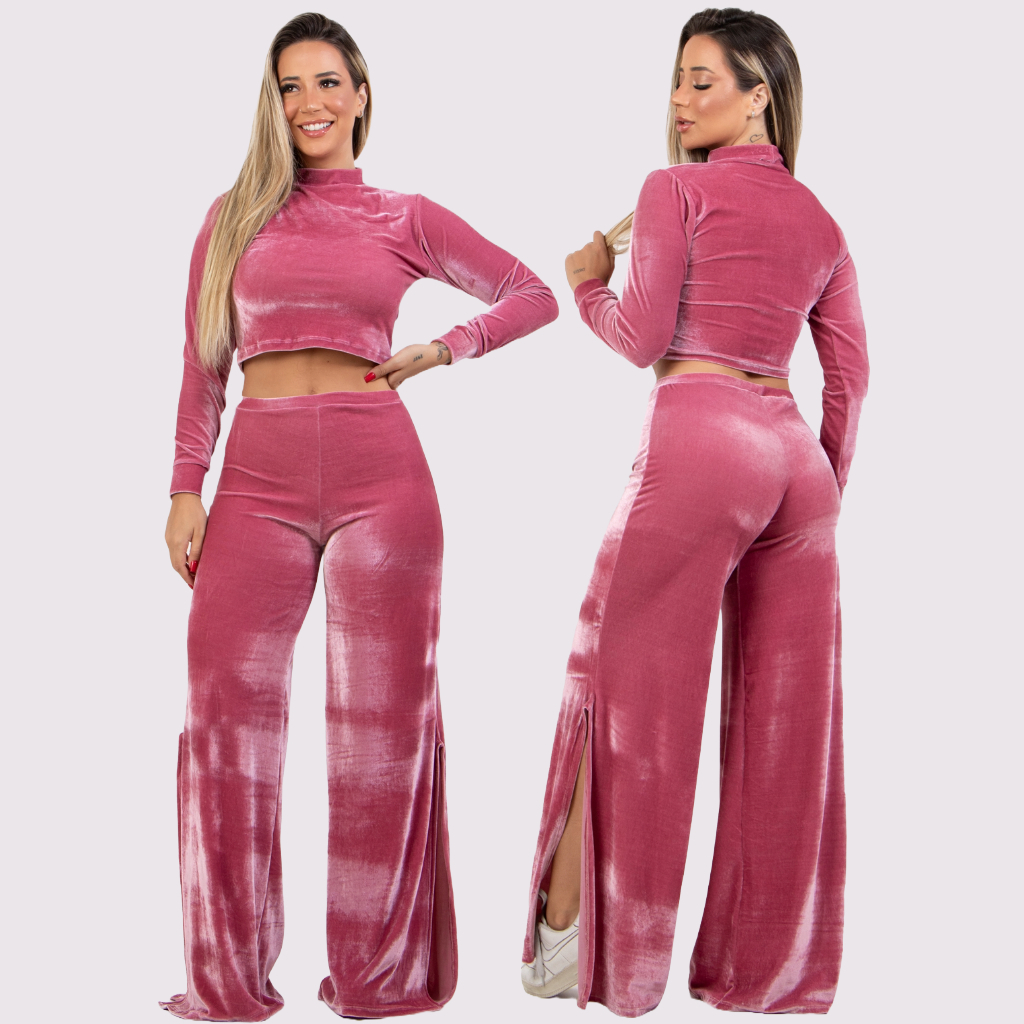Conjunto Feminino Calça Pantalona Veludo Com Fenda e Cropped Manga Longa Veludo Inverno Casual