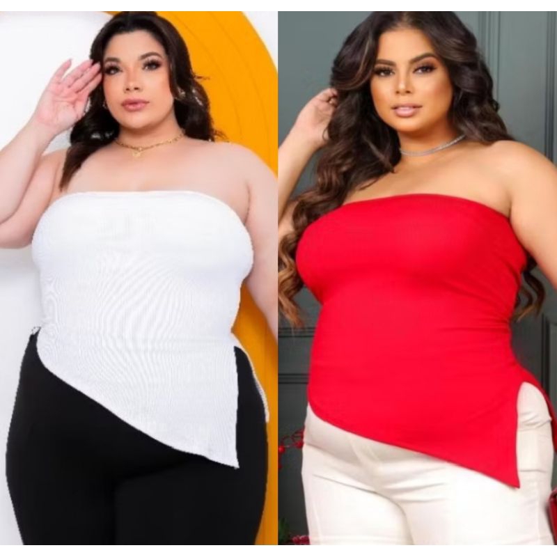 Blusa Plus Size Femenina Tomara que Caia Assimétrica Canelada Ribana com Bojo XG Blusinha sem alça Tendência de Moda
