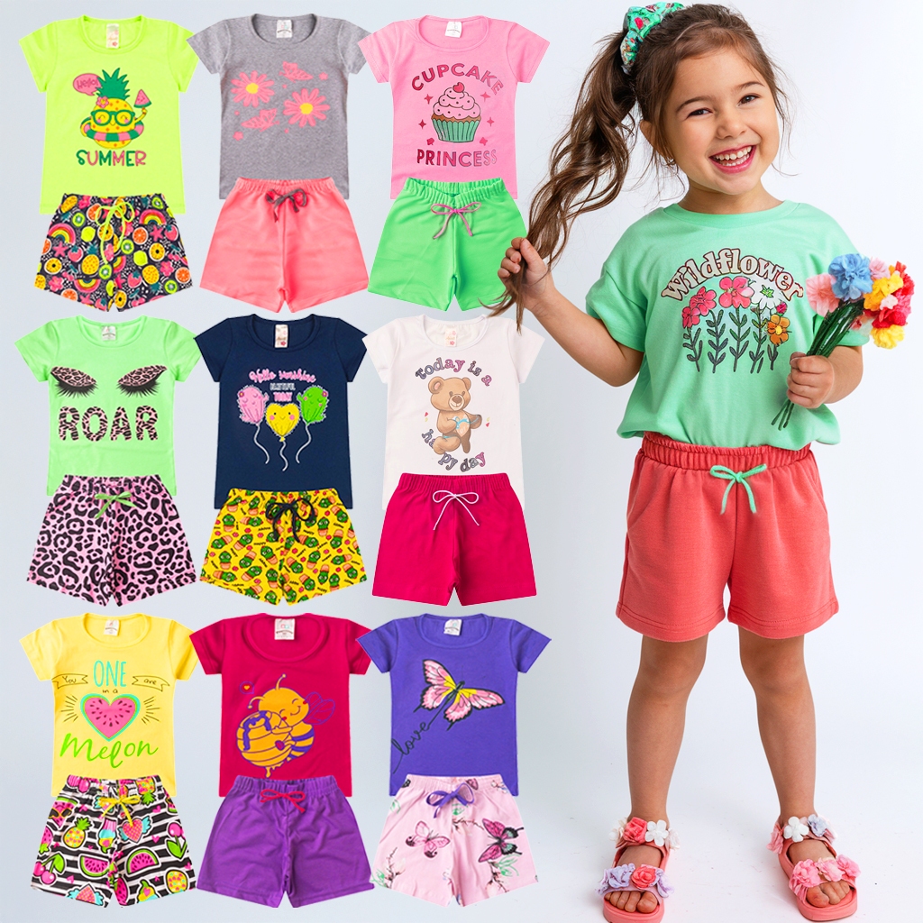 Kit 10 Peças Roupa Infantil Menina 5 Camisetas e 5 Shorts Kit 5 Conjunto de Roupa Infantil...