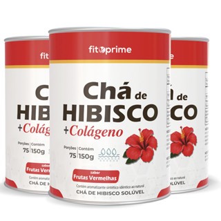 3 Potes de Chá de Hibisco + Colágeno sabor Frutas Vermelhas em Pó 150g Fitoprime