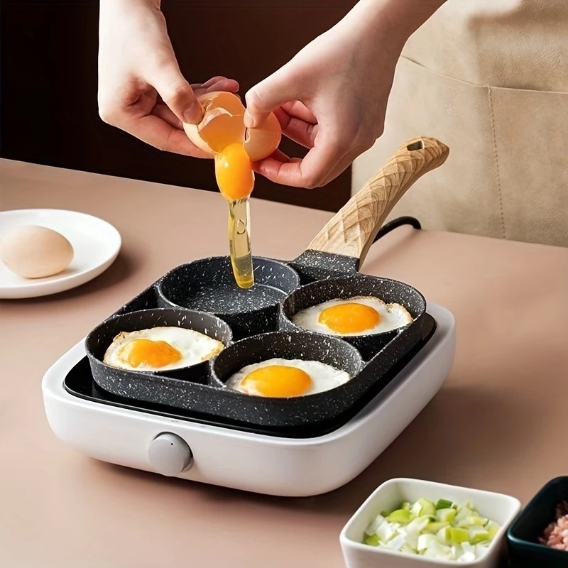 Frigideira Multifuncional Antiaderente 4 Em 1 Para Ovos , Hambúrguer , Omelete , Com Cabo De Madeira em Oferta na Shopee