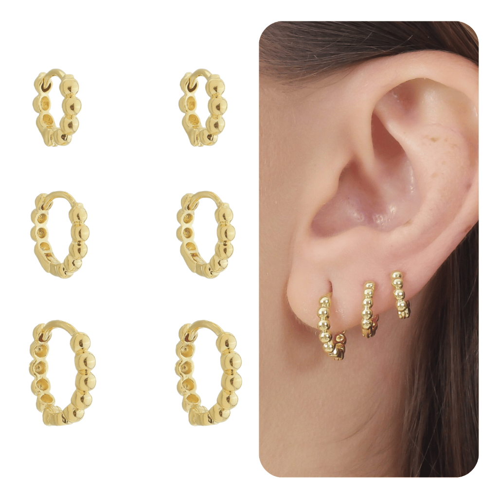 Kit Trio Brinco Argola Click Bolinhas Banhada a Ouro 18K Antialérgica Feminino Moda