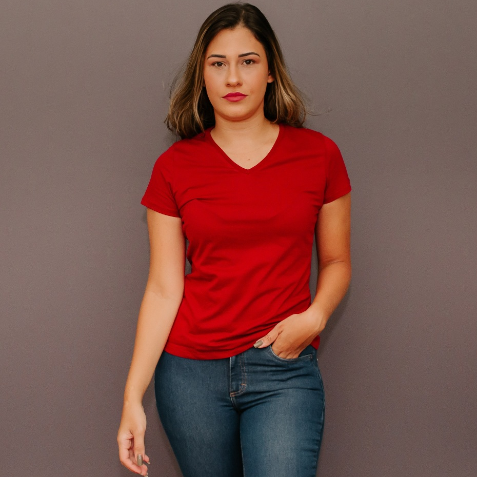 Camiseta Feminina Malwee Blusa Baby Look Gola em V Blusinha Básica Malha 100% Algodão Manga Curta