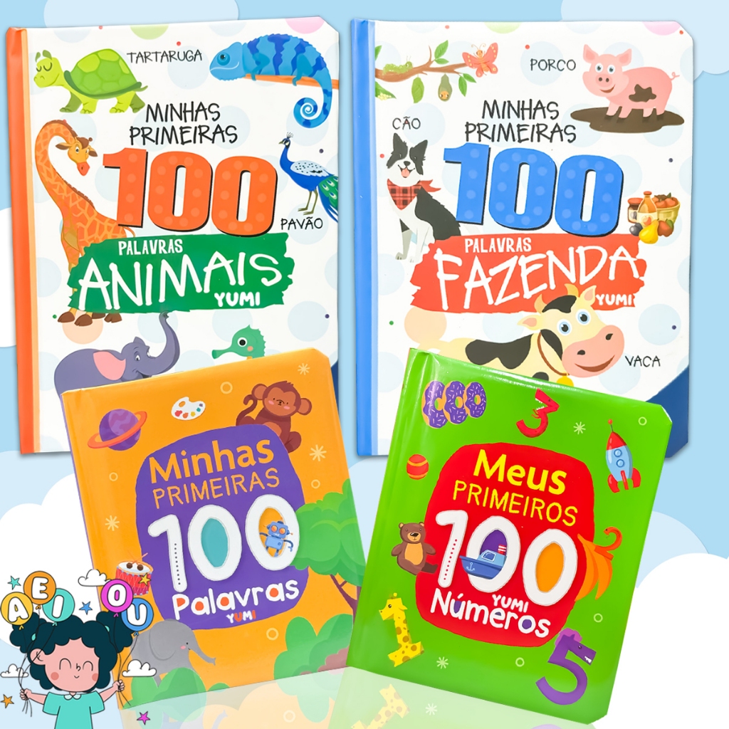 Coleção Livro Infantil Bebê Minhas Primeiras 100 Palavras Números Fazenda Animais Capa Dura Premium em Oferta na Shopee