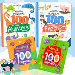 Coleção Livro Infantil Bebê Minhas Primeiras 100 Palavras Números Fazenda Animais Capa Dura Premium