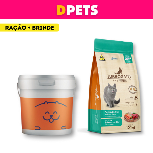 Ração Turbogato Premium Gatos Adultos com Nuggets Recheados 10Kg Sabor Frutos do Mar + Brinde Porta Ração 7,2l