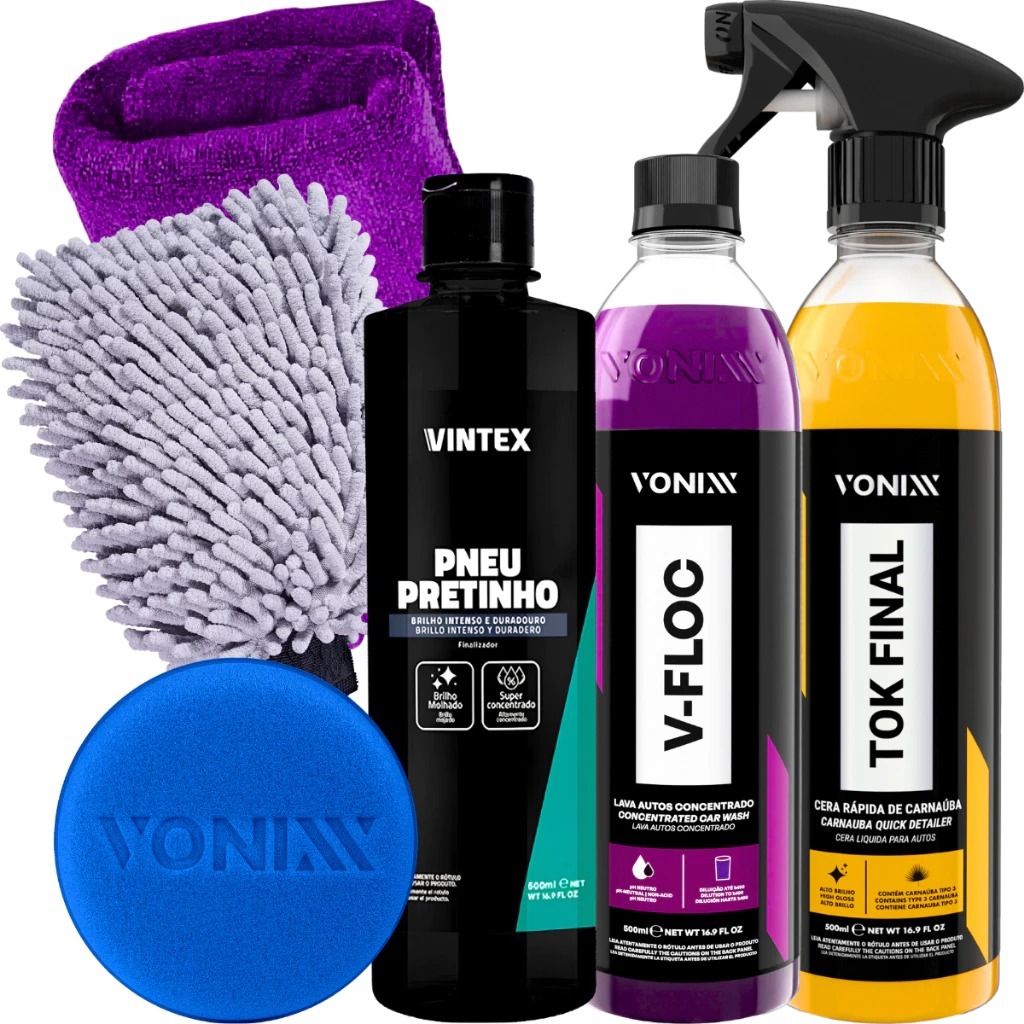 Kit Pneu Pretinho Shampoo V-Floc Cera Tok Final Carnauba Vonixx em Oferta na Shopee
