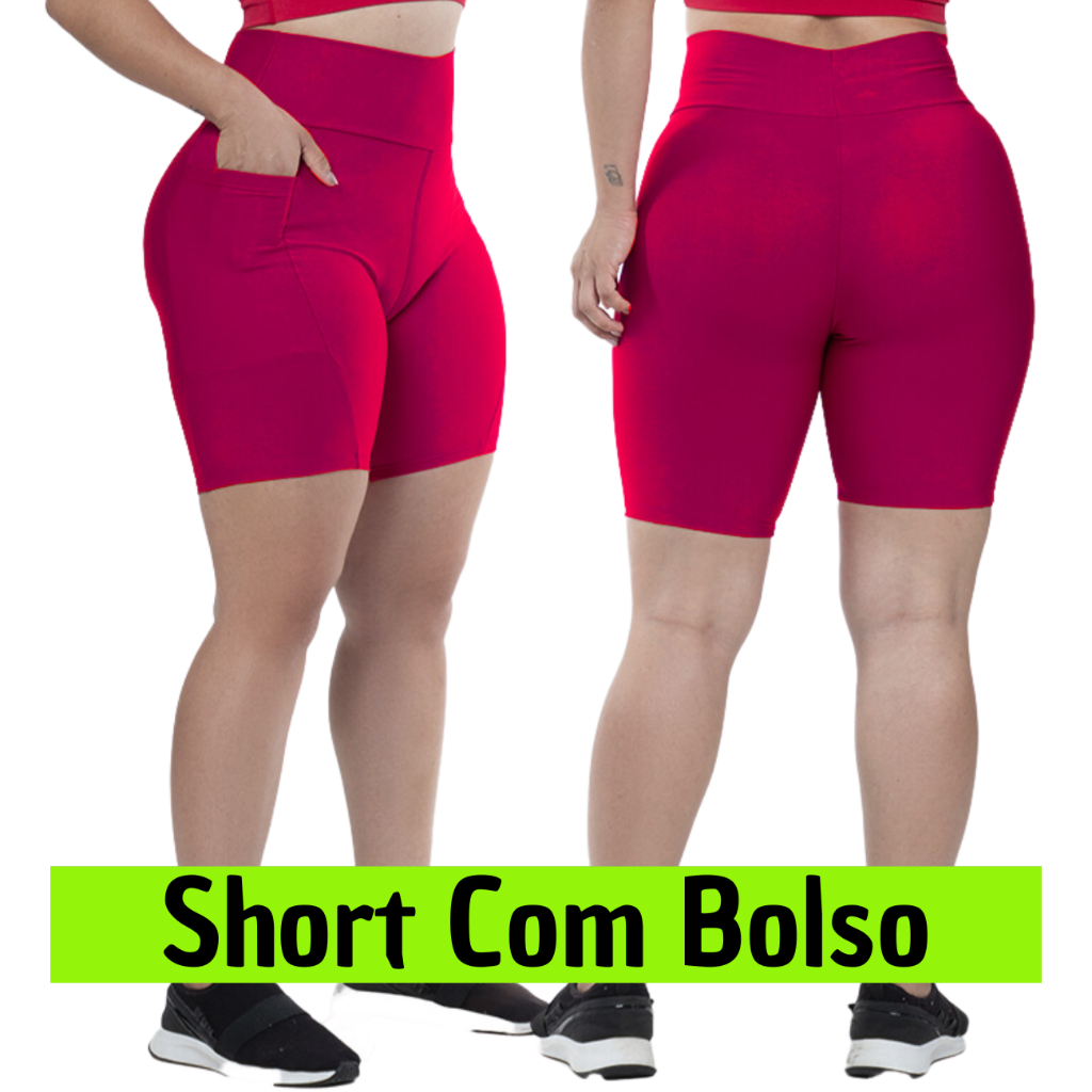 Short Bermuda Legging Feminino Academia Cintura Alta Bolso Lateral Suplex Grosso Zero Transparência Fitness
