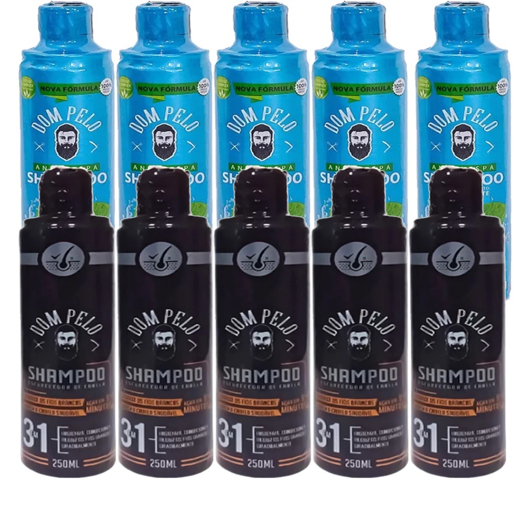 Kit com 5x Shampoos Escurecedores + 5x Shampoos Anticaspa Dom Pelo 250ml - Reduz Fios Brancos - Pronta Entrega
