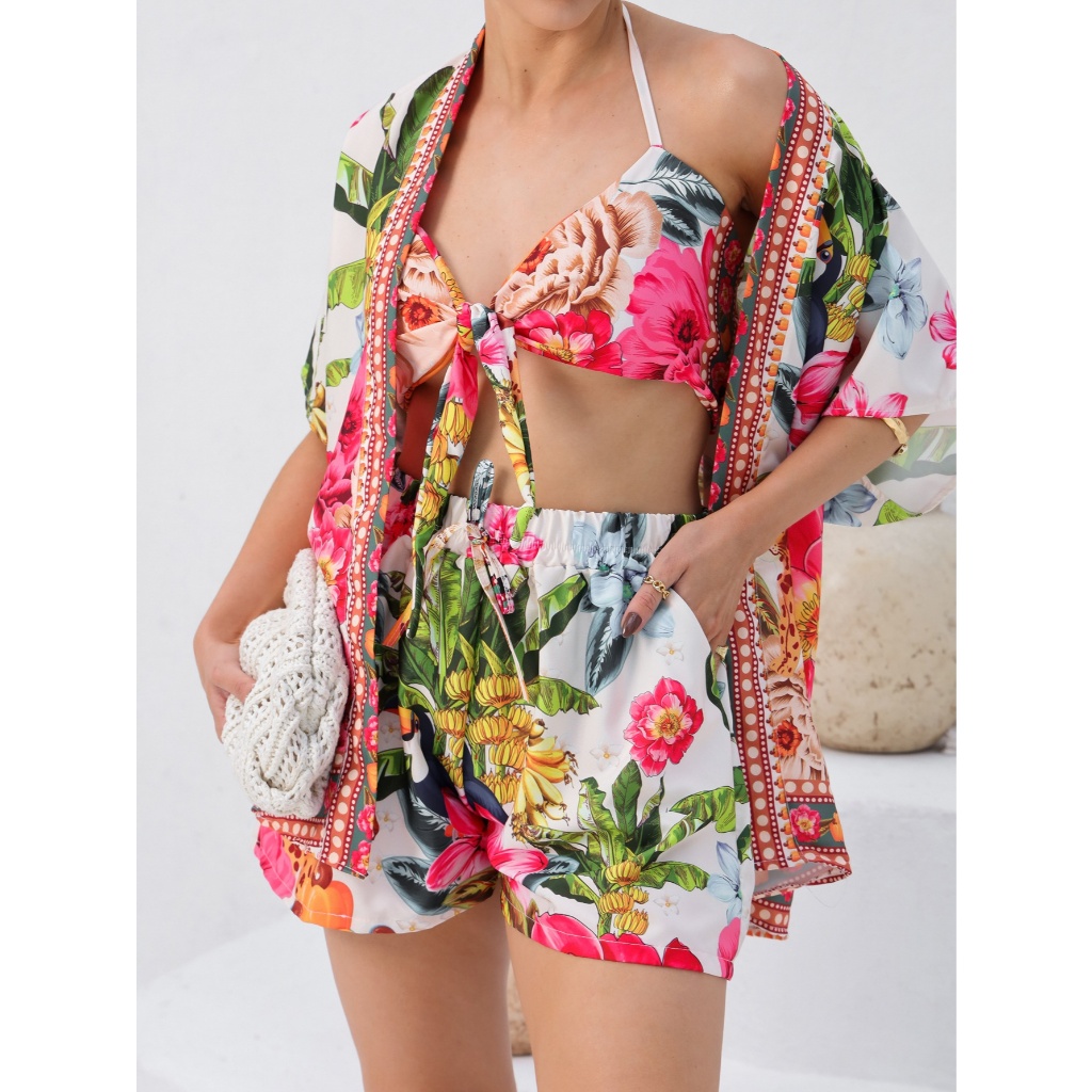 Conjunto Feminina (kimono+short+cropped) Estampas Florais . short com bolso,tecido Crepinho , tamanho unico 36 ate 40