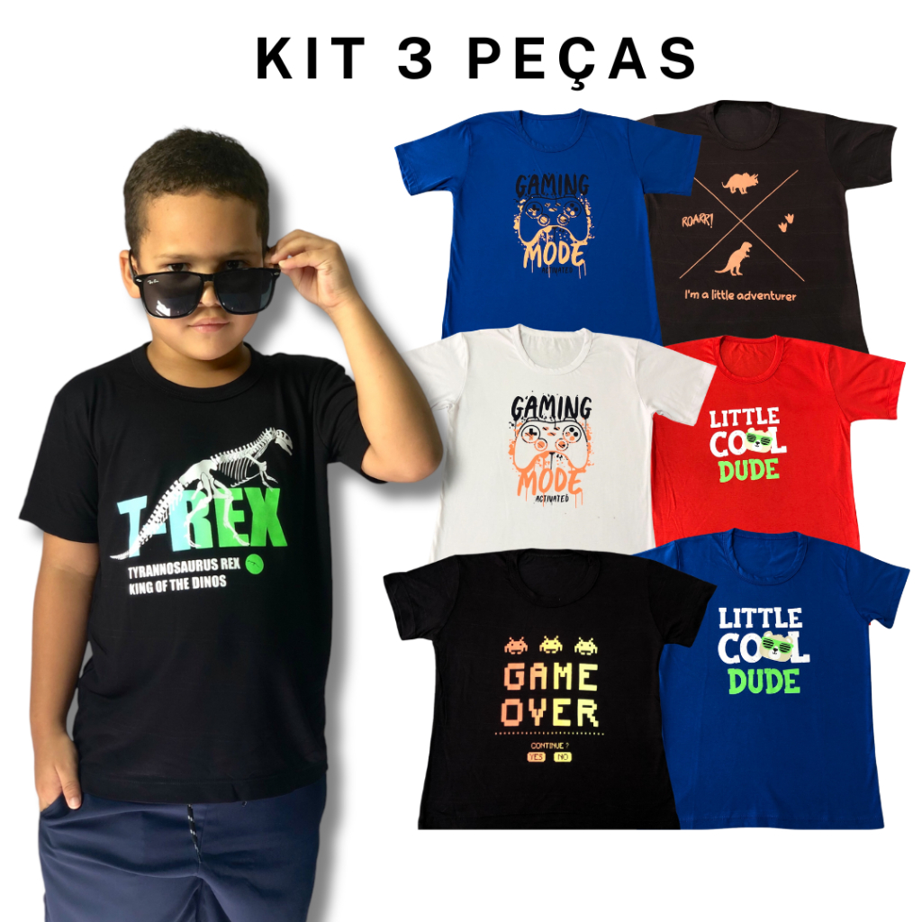 Kit 3 Camisetas Infantis Masculinas 100% Algodão Estampadas Menino Cores Sortidas