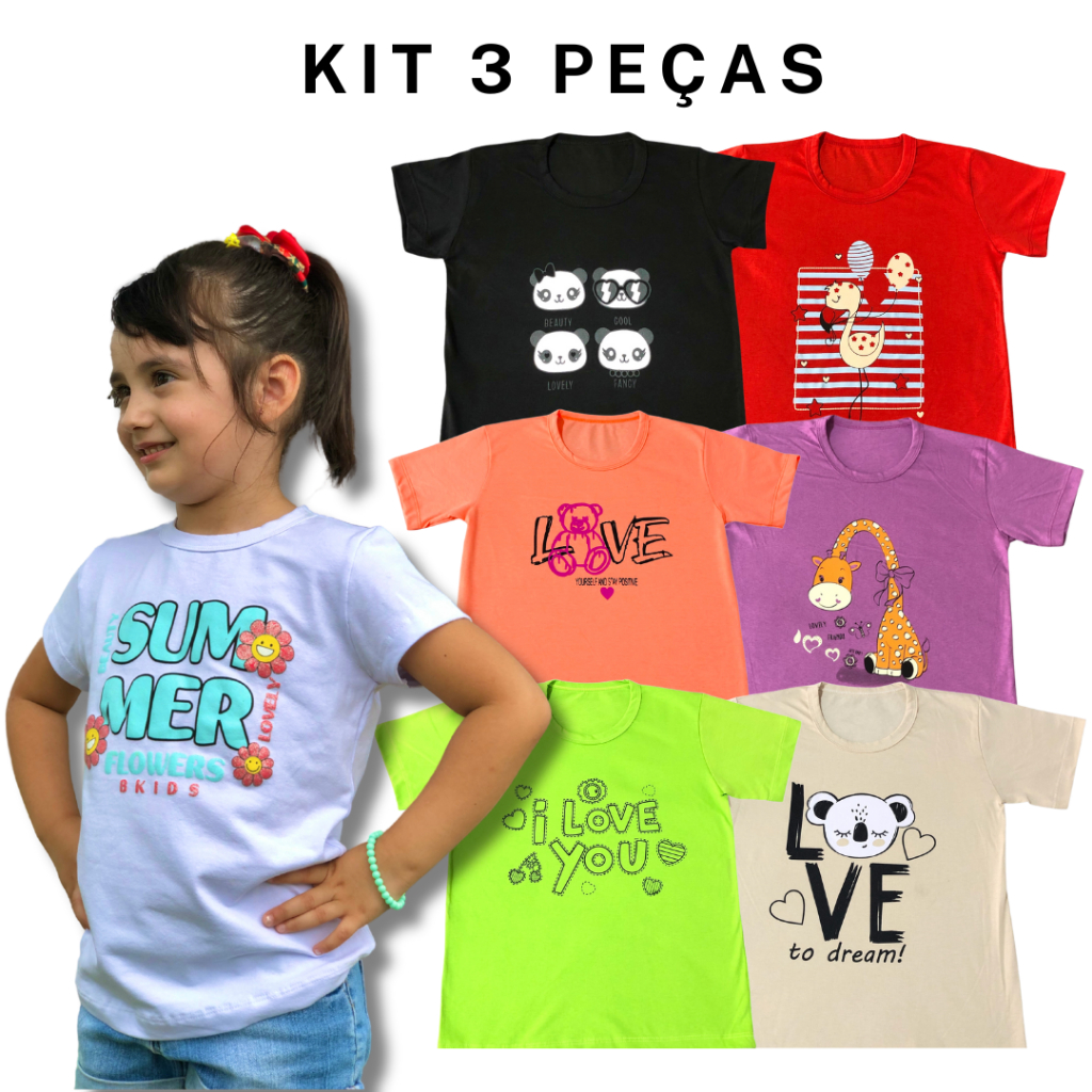 Kit 3 Camisetas Femininas de Algodão Infantil - Blusas de Menina com Estampas Variadas em Oferta na Shopee