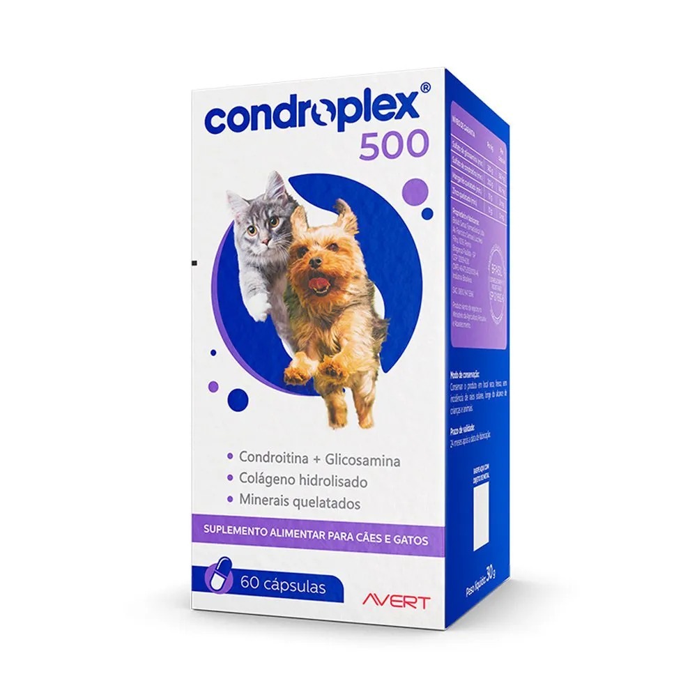 Suplemento Alimentar Condroplex 500 Para Cães e Gatos 60 Cápsulas Avert