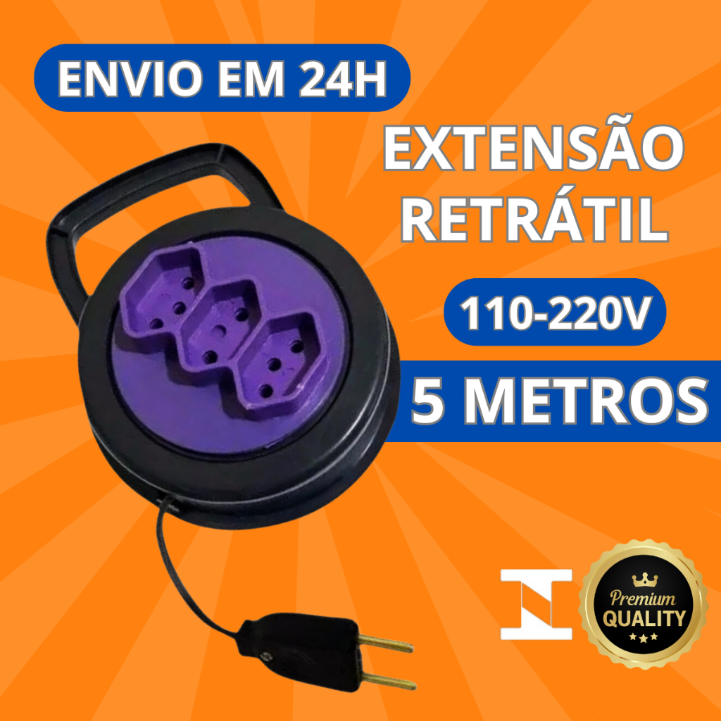 Extensão Elétrica Retrátil 5 Metros 3 Tomadas 10a Tripolar Bivolt