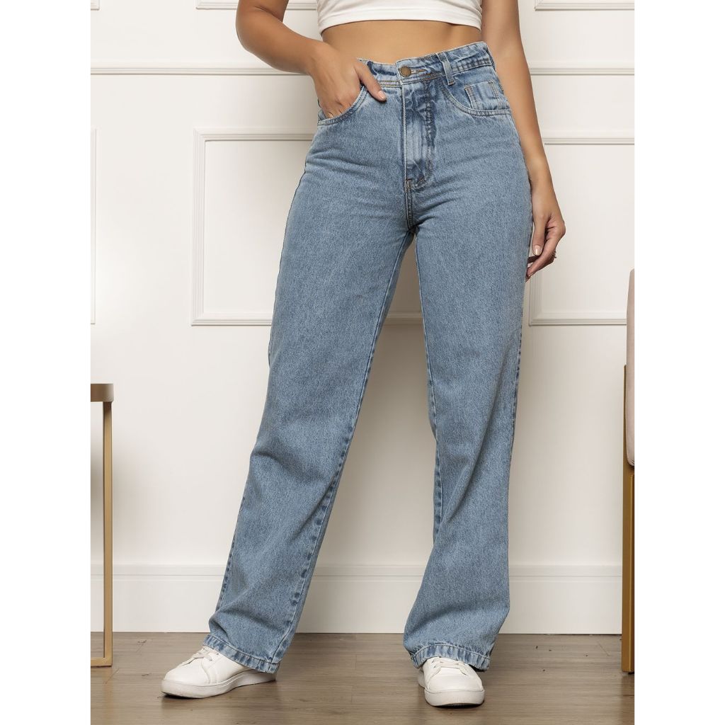 Calça Jeans Feminina Wide Leg Pantalona sem Lycra Marmorizada Cintura Alta Levanta Bumbum ...