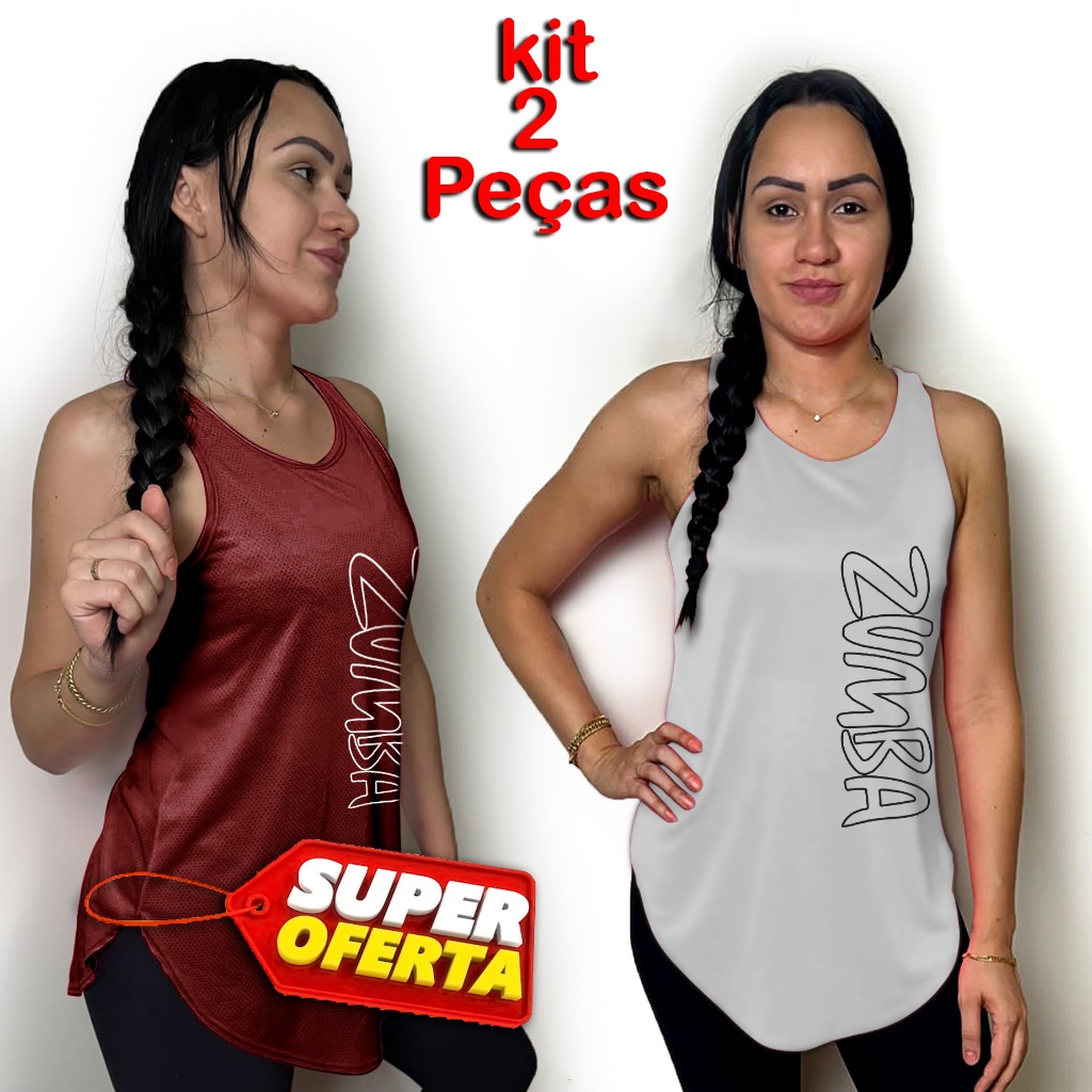 kit 2 Peças Blusa Feminina tapa bum bum Regata Long line Academia  Esportiva fitness(est. Zumba 12) Caminhada leve