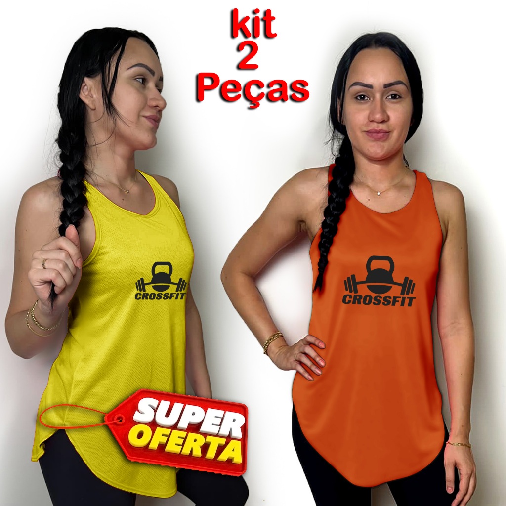 kit 2 Peças Blusa Feminina tapa bum bum Regata Long line Academia  Esportiva fitness(est. Crossfit 13) Caminhada leve