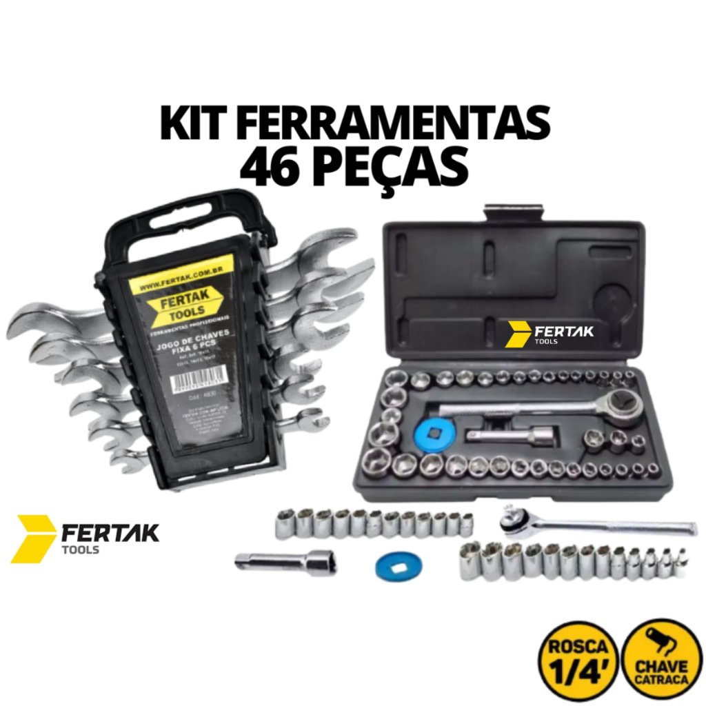 Jogo Soquete 1/4" Sextavado com 40 peças e maleta + Jogo Chave Fixa 6 peças - Total 46 peças Fertak