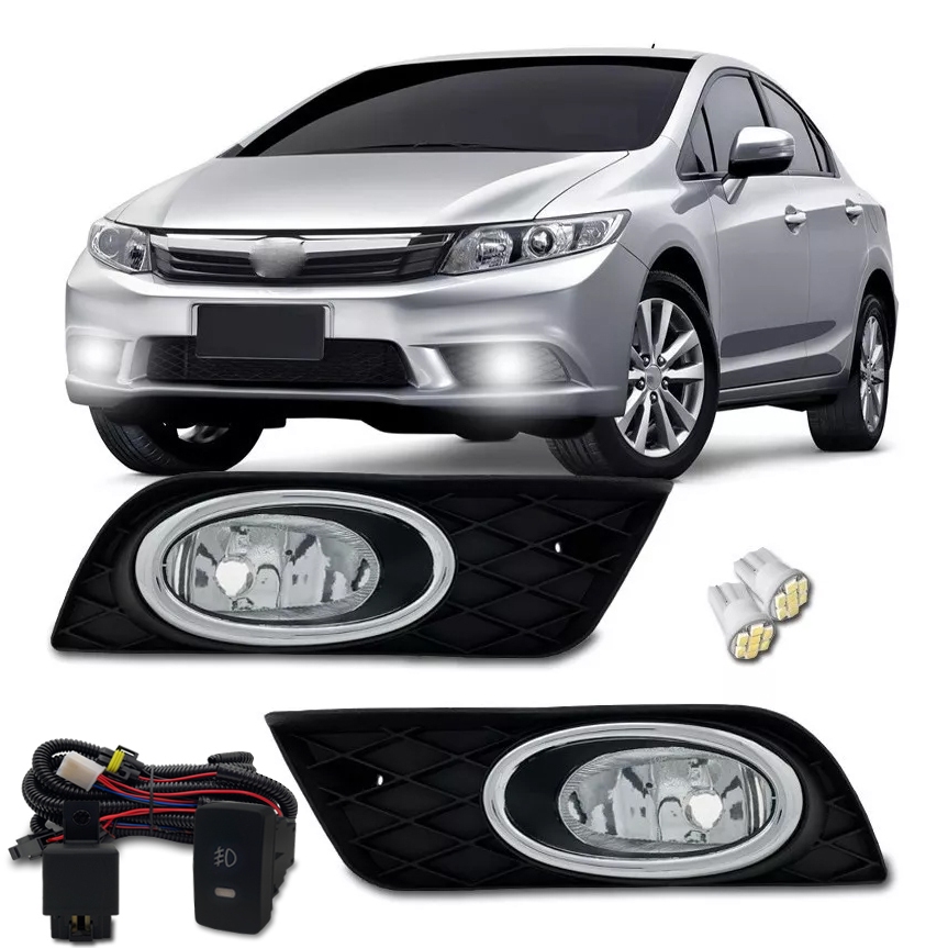 Kit Farol Milha Neblina Civic 2012 2013 2014 Com Moldura Cromada E Botao Modelo Original