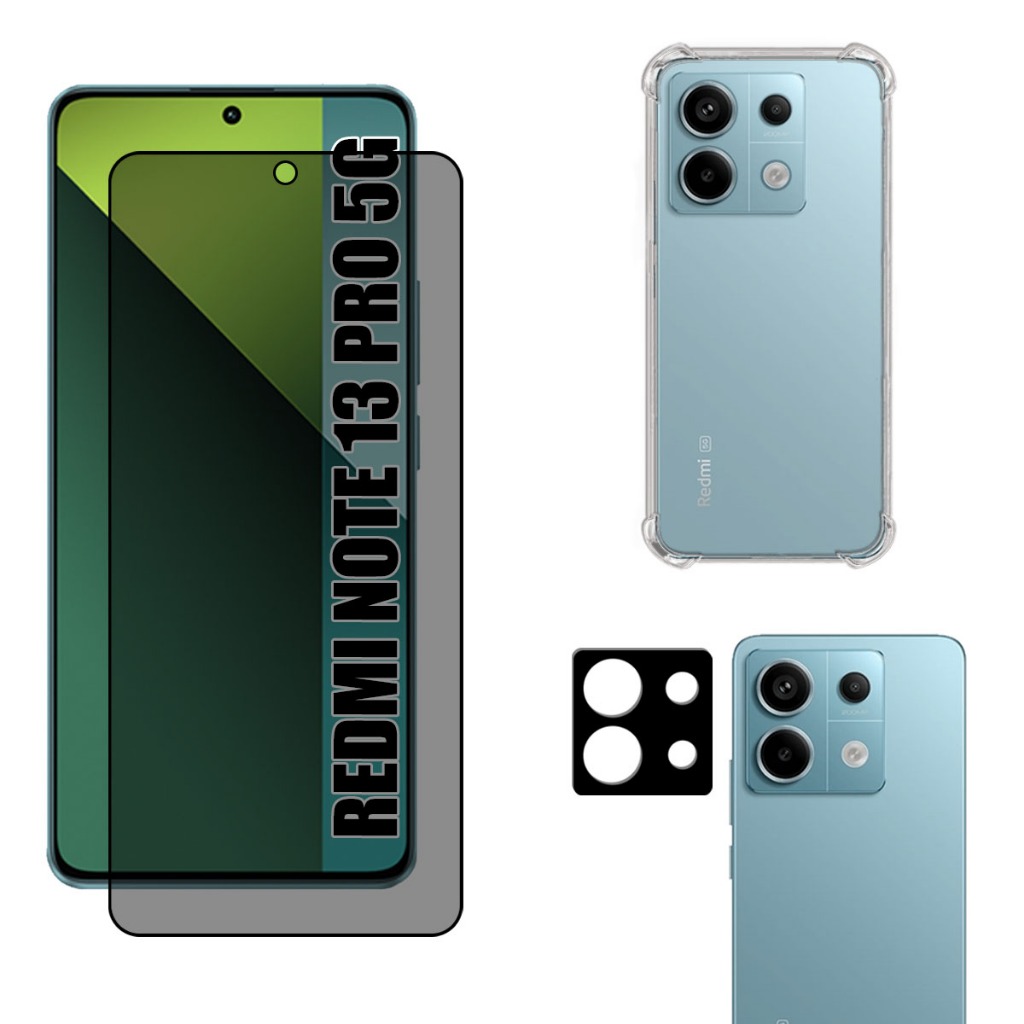 Kit Para Redmi Note 13 Pro 5G | Película de Privacidade 3D - Capa Anti Shock - Película da Câmera 3D