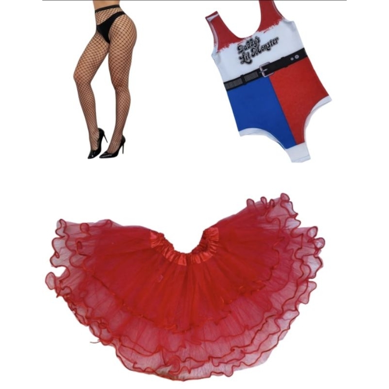 Kit Bore Saia Meia Arrastão Carnaval Festa Fantasia 3 peças Arlequina