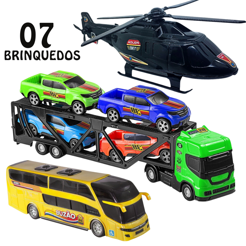 Kit Brinquedos Caminhão Carreta Cegonheira c/4 Carrinhos Pickup Ônibus Helicóptero Polícia Infantil