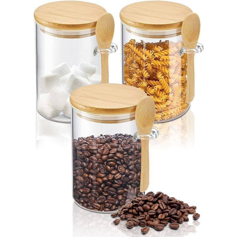 PROMOÇÃO 03 Potes Vidro 8,5 x 15 cm = 750ml Borossilicato Hermético Tampa Bambu Colher Bambu
