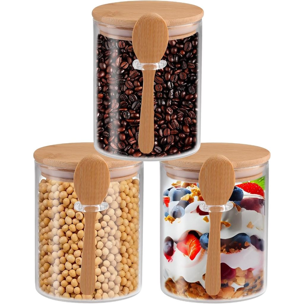 PROMOÇÃO 03 Potes Vidro 8,5 x 10 cm = 500ml Borossilicato Hermético Tampa Bambu INOX e Colher Bambu