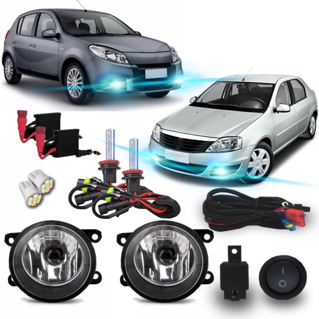 Kit Farol Milha Neblina Auxiliar Logan Sandero 2007 2008 2009 2010 2011 2012 + Kit Xenon H11 8000k