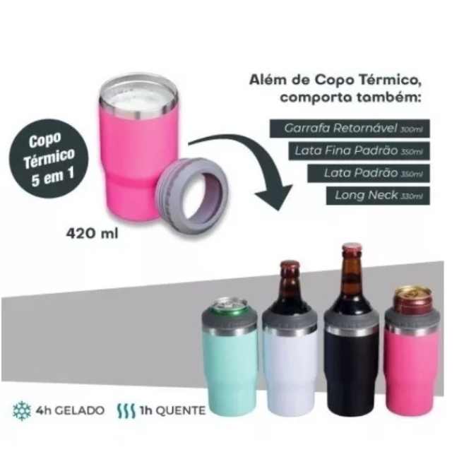 420ML Copo Térmico 5 em 1 Porta Latinha Barrigudinha 2 tampas Envio Imediato