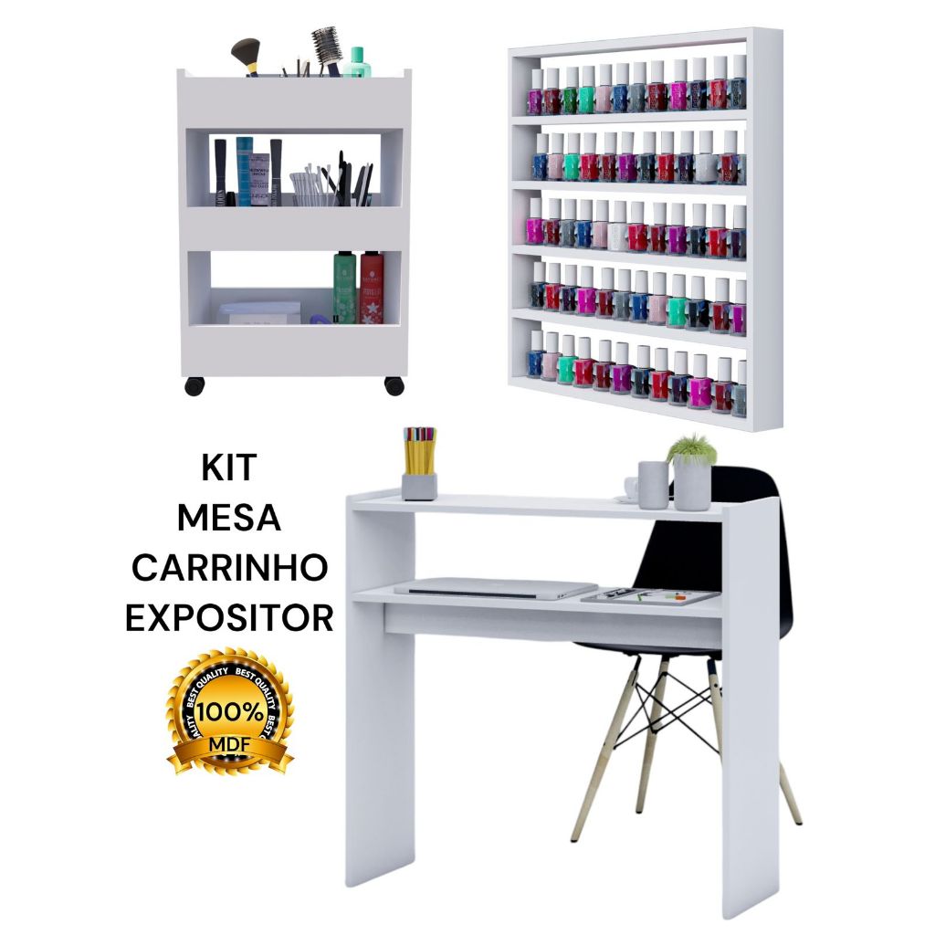 Kit Mesa de Manicure Carrinho Auxiliar Expositor De Esmaltes 100% MDF Salão de Beleza Studio Nail Designer Unha Em Gel em Oferta na Shopee