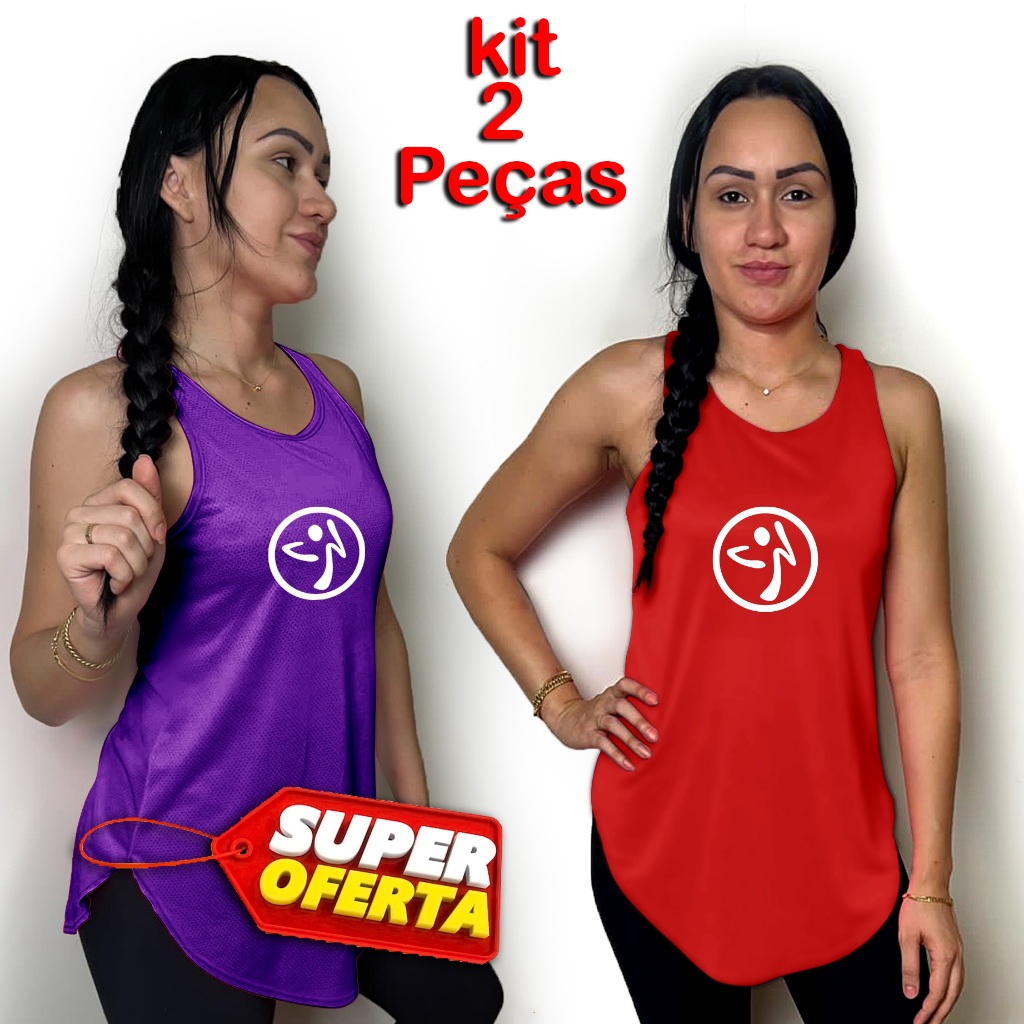 kit 2 Peças Blusa Feminina tapa bum bum Regata Long line Academia  Esportiva fitness(est. Zumba 016) Caminhada leve