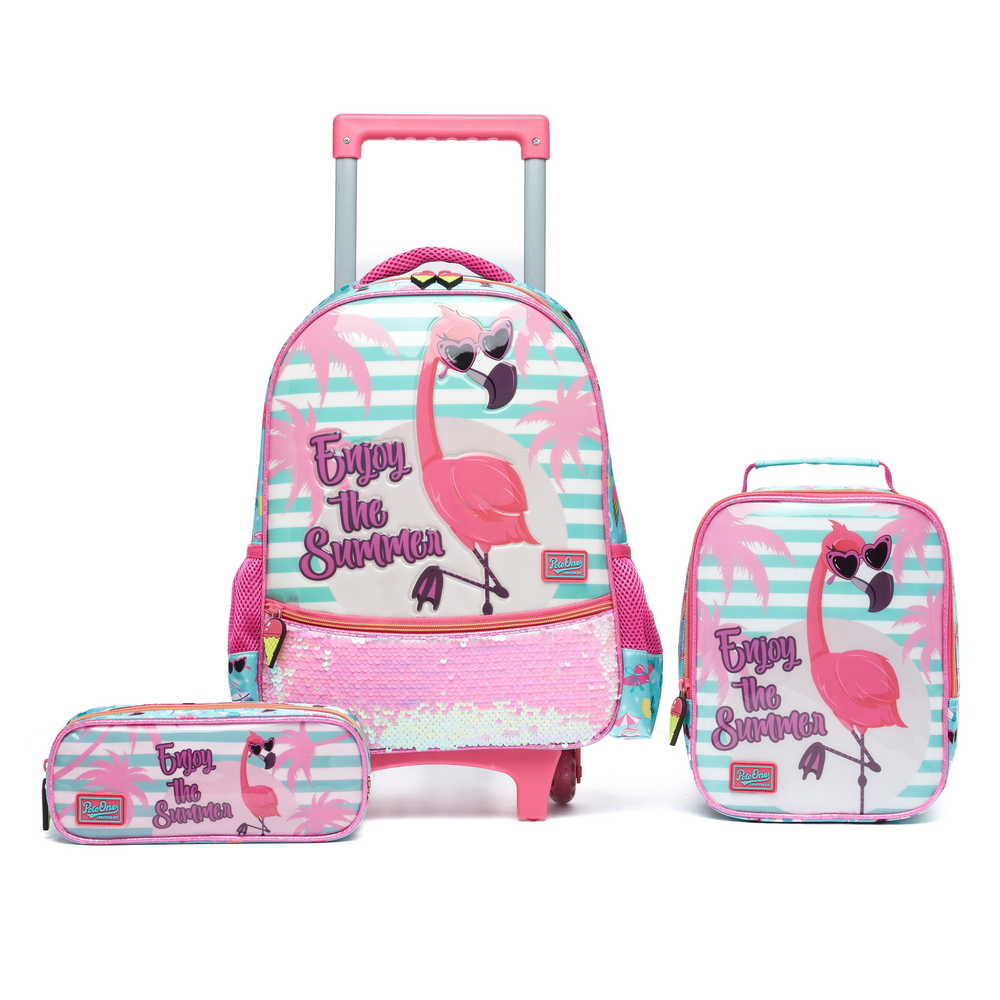 Kit Mochila Escolar Feminina Flamingo com Rodinhas Polo One Infantil Lancheira Térmica Estojo Resistente